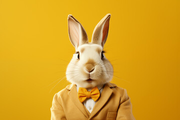 Close up view on a white rabbit in suit and bowtie on a yellow background. Easter concept - obrazy, fototapety, plakaty