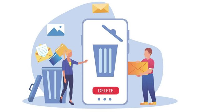 People Clean up Smartphone From Trash Files Design Animation. Delete unnecessary Document and useless archive. Animated Cartoon Character with mobile phone 