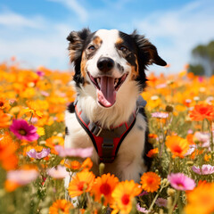 Smiling Yorkshire terrier Rescue Dog standing among flowers and grass on a forest edge in a special costume, Portrait with bright expression on dog's face, Joyful pet, Horizontal banner