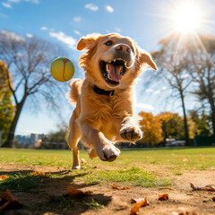 Funny Golden Retriever dog playing with a ball outside on the background of a green park with a sunlit field, Pet Games, Dog Sports, Active Lifestyle, Pet Health