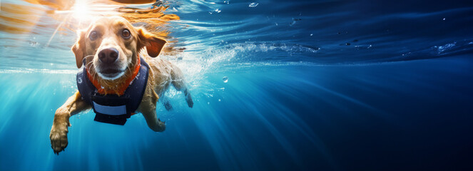 Smiling Rescue Dog swimming underwater in special suit, Portrait with bright expression of dog's...