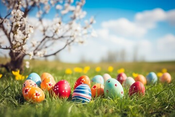 Heap of colorful dotted and floral painted easter eggs in perfect green grass and flowers