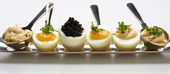 Spoonfuls of caviar-topped deviled eggs. - obrazy, fototapety, plakaty
