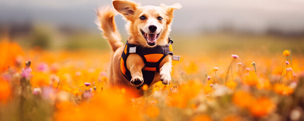 Smiling Corgi Rescue Dog standing among flowers and grass on a forest edge in a special costume,...
