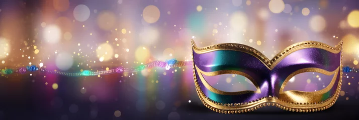 Fotobehang Gold, purple and green glittery mardi gras mask on shining bokeh city banner. illustration © Prasanth