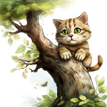 Little cat kitty cartoon character on the tree. Concept lovely animals generative AI image illustration. Drawing for children's book