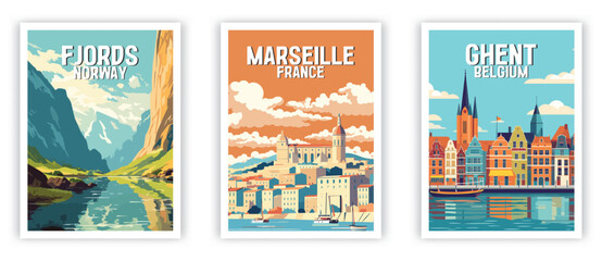Ghent, Marseille, Fjords Illustration Art. Travel Poster Wall Art. Minimalist Vector art. - obrazy, fototapety, plakaty