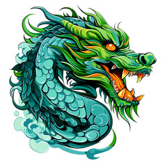 Green wooden Chinese dragon in vector pop art style isolated on white