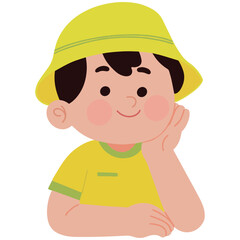 Cute cartoon little boy gesturing resting his chin vector