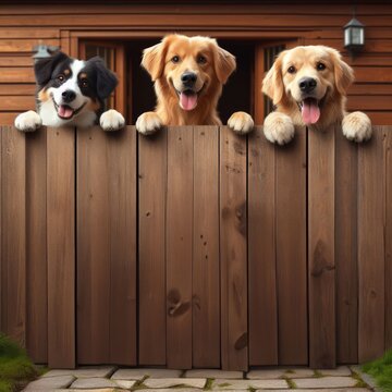 Three dogs, a black and white border collie and two golden retriever, peeking over a wooden fence with a wooden house in the background.
