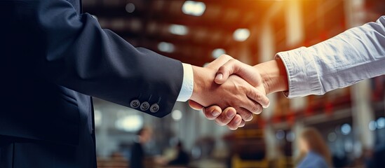 Collaboration and partnership at construction site with a builder, team, and handshake. Job and project with contract at company, greeting professional contractor at warehouse.