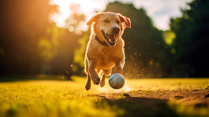 Funny Golden Retriever dog playing with a ball outside on the background of a green park with a sunlit field, Pet Games, Dog Sports, Active Lifestyle, Pet Health, Horizontal banner