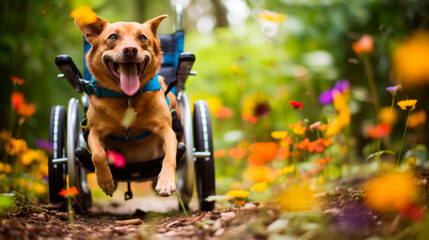 Disabled dog without paws in a wheelchair driving fast on the road among colorful flowers and grass...