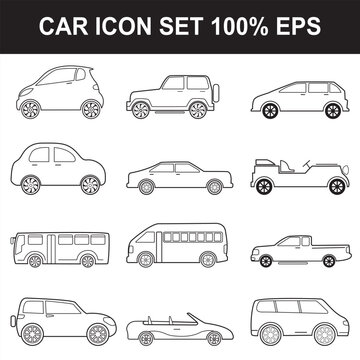 Car icons set. Car icon set. Car vector. Various vehicle icon set. Sets of car icon and logo. Different Transport icons outline stroke on white background. Vector Illustration