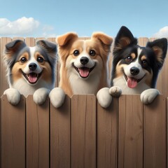 Three cheerful dogs of different breeds peek over a wooden fence, their smiles radiating pure joy.
