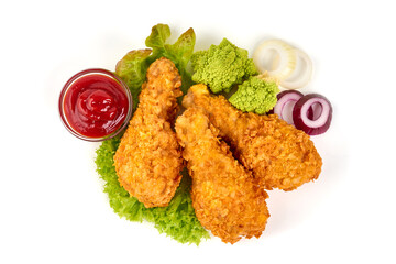 Fried Chicken in breadcrumbs, isolated on white background.