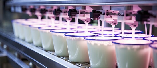 Dairy plant equipment used for yogurt production and bottling in plastic cups.