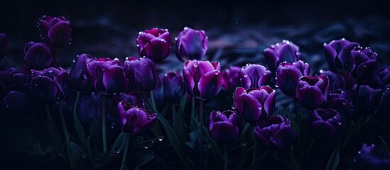 Dark, moody photo of a public flower garden in the Netherlands featuring stunning purple parrot tulips in bloom during spring. - obrazy, fototapety, plakaty
