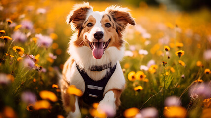 Smiling Australian shepherd Rescue Dog standing among flowers and grass on a forest edge in a...