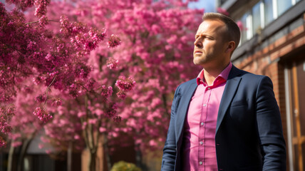 An adult man in a suit against the backdrop of cherry blossoms, a medicine for the treatment of spring allergies or hay fever, an advertisement for remedies that alleviate the course of the disease
