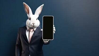 Weißes Kaninchen (Hase) in Anzug und rosa Krawatte hält ein Smartphone / Handy. Mockup für Display-Layout. Dunkelblauer Hintergrund. Fotorealistische Illustration - obrazy, fototapety, plakaty