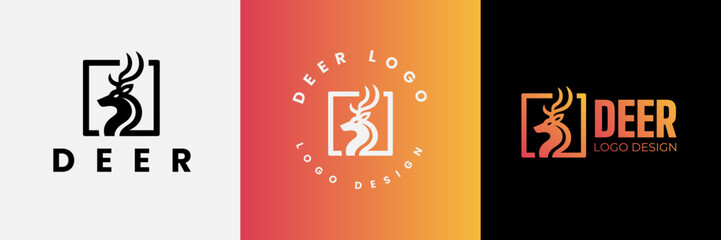 Deer logo design, Deer head inside squarelogo design template, Deer head logo icon,Deer hunter with square logo design, Wild animal vector, Head deer illustration