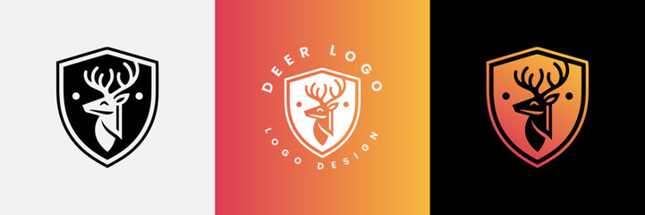 Deer shield logo design, Deer head and shield logo design template, Deer head logo icon,Deer hunter with shield logo design, Wild animal vector, Head deer illustration
