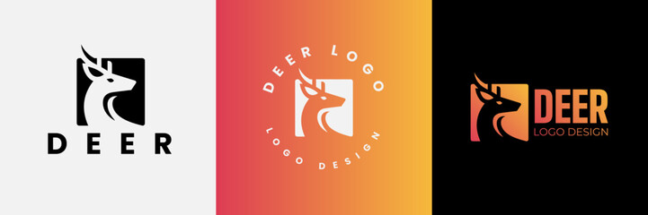 Obraz premium Deer logo design, Deer head inside squarelogo design template, Deer head logo icon,Deer hunter with square logo design, Wild animal vector, Head deer illustration