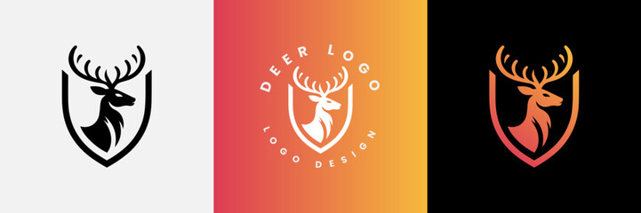 Deer shield logo design, Deer head and shield logo design template, Deer head logo icon,Deer hunter with shield logo design, Wild animal vector, Head deer illustration