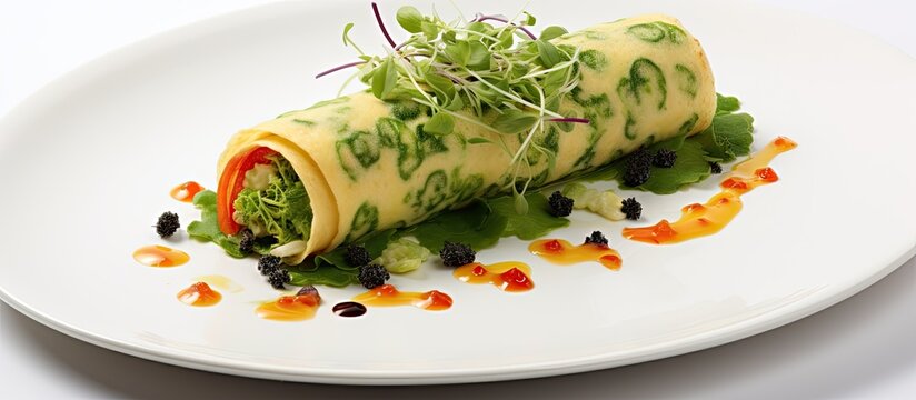 Restaurant's omelette roll contains sea lettuce, pearl barley, spring veggies, and veggie caviar on a white plate.