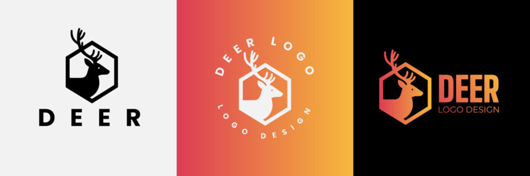 Deer logo design, Deer head inside squarelogo design template, Deer head logo icon,Deer hunter with square logo design, Wild animal vector, Head deer illustration
