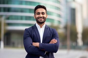 Happy confident wealthy young indian business man leader, successful eastern professional businessman crossing arms looking at camera posing outdoors in urban big city for close up headshot portrait.