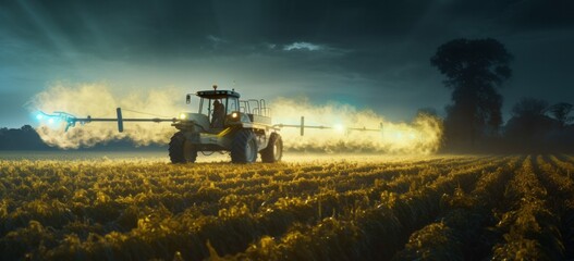 Fototapeta premium Nighttime Crop Spraying in Rural Area