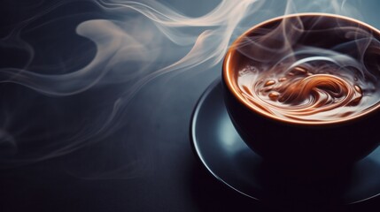 A cup of coffee with steam rising from it on a black table, AI - obrazy, fototapety, plakaty