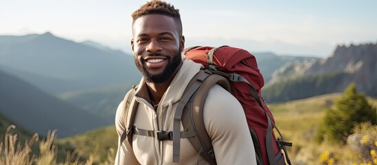 Black man hiking in nature for fitness, health, and adventure. - obrazy, fototapety, plakaty
