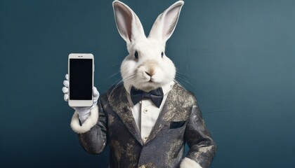 Weißes Kaninchen (Hase) in Vintage-Anzug präsentiert ein Smartphone / Handy. Mockup vor dunkelblauem Hintergrund. Fotorealistische Illustration - obrazy, fototapety, plakaty