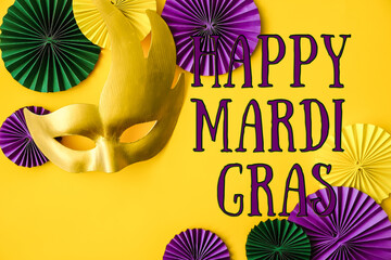 Mardi Gras.Colorful group of Mardi Gras or venetian mask on yellow,Mardi gras carnival decoration...