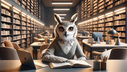 Owl librarian at modern library desk - obrazy, fototapety, plakaty