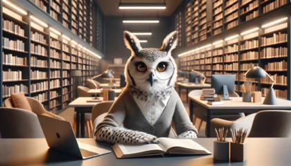 Poster Owl librarian at modern library desk © Sabine