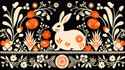 Romantic Easter Painting in a Art Deco Style with Easter Bunnies and Floral Design as Background or Wallpaper on Black Background - obrazy, fototapety, plakaty