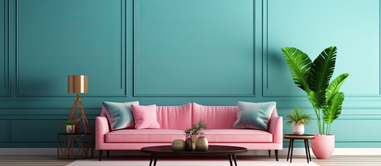 Spacious living room with green wallpaper, having a blue couch, pink pillow, and a table, along with a workspace.