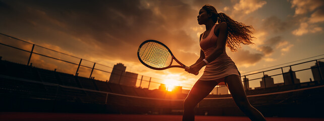 Young woman tennis player with race in hand on the court at sunset. Copy space. Banner - obrazy, fototapety, plakaty