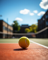 Close-up of a tennis ball lying on a street court - obrazy, fototapety, plakaty