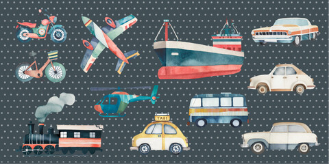Cute watercolor transport vehicle clipart, vector graphic resource set / collection