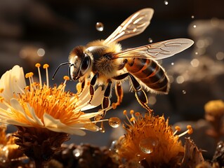 A bee flying over a bunch of flowers at sunset or dawn with a yellow sky. Generative AI