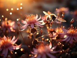 A bee flying over a bunch of flowers at sunset or dawn with a yellow sky. Generative AI