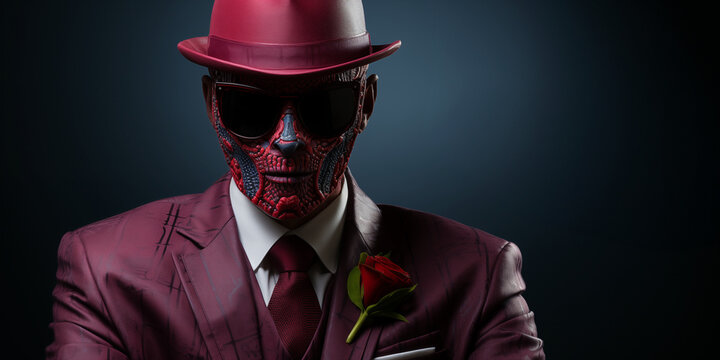 Totenkopf Business Mann mit Anzug und Hut im Querformat f&uuml;r Banner, ai generativ