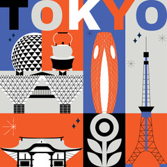 Typography word "Tokyo" branding technology concept. Collection of flat vector icons, culture travel set famous architectural, specialties detailed silhouette. Japanese landmark video split screen