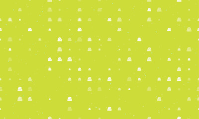 Seamless background pattern of evenly spaced white santa claus hat symbols of different sizes and opacity. Vector illustration on lime background with stars