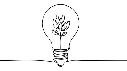 Plant inside Lightbulb in one line drawing. Creative concept of Green energy and environmental friendly sources.